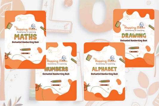 Handwriting literacy skills books including Maths, Drawing, Numbers, and Alphabet, promoting fun and effective learning tools.